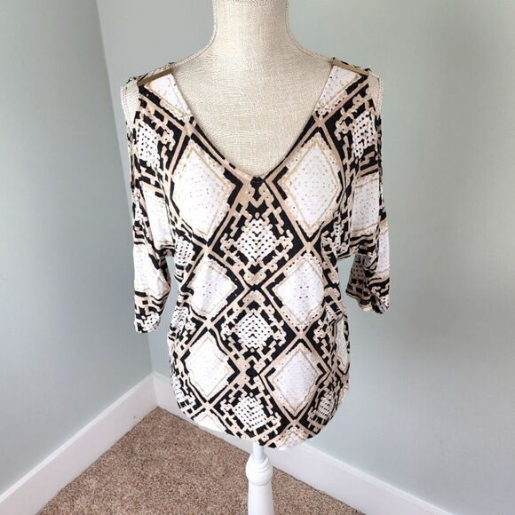 INC Cold Shoulder Gold Embellishments V Neck And Back Top Size Medium Petite - Picture 1 of 6